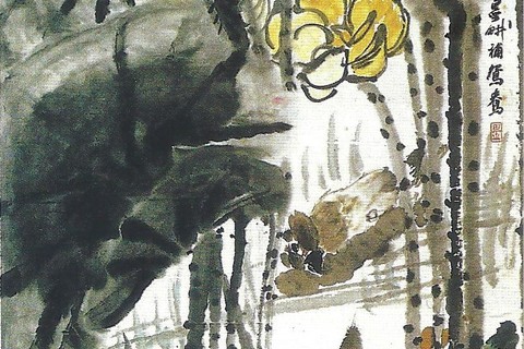 【墨叶黄荷鸳鸯图】